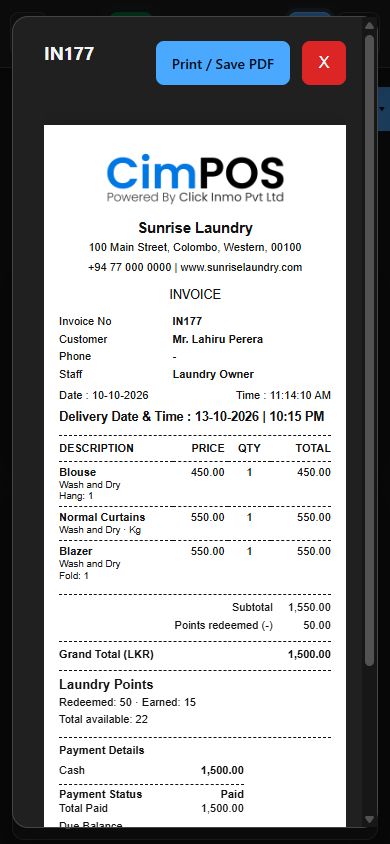 Actual CIMPOS mobile invoice preview with customer details, garments, totals, loyalty points and payment details
