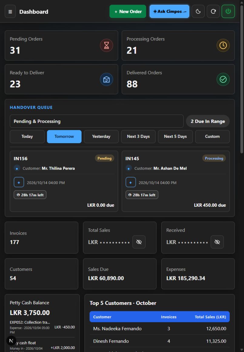 Actual CIMPOS tablet dashboard with a two-column responsive layout