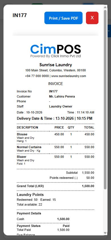 Actual CIMPOS mobile invoice preview with customer details, garments, totals, loyalty points and payment details