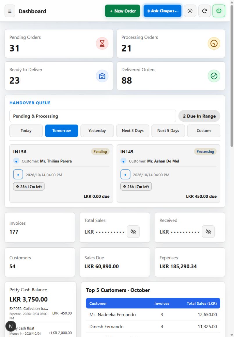 Actual CIMPOS tablet dashboard with a two-column responsive layout
